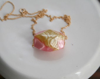 Quinfetti Simple Delicate Gold Filled Long Necklace - Yellow Pink Hexagon Unique Bead - Gold Filled Jewelry