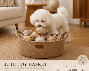 Personalized Jute Pet Basket, Dog Toy Storage with Custom Leather Name Tag