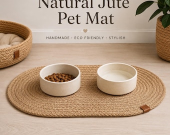 Jute Pet Feeding Mat, Dog Bowl Mat, Cat Food Placemat, Natural Handmade Feeding Rug, Pet Bowl Floor Protector