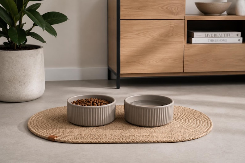May include: Two round, ribbed, light gray ceramic bowls placed on an oval, braided tan jute mat. One bowl contains brown dry pet food kibble, while the other bowl is filled with clear water. The bowls feature a vertical fluted texture.