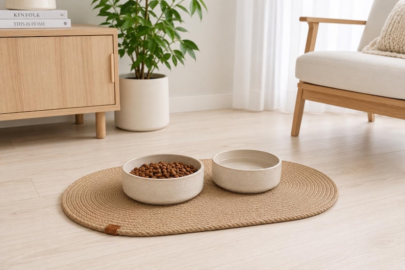 May include: Two round, speckled off-white ceramic bowls placed on an oval, braided tan jute mat. One bowl is filled with brown dry pet food kibble, and the other bowl is filled with clear water. The mat features a small brown leather-like tag.