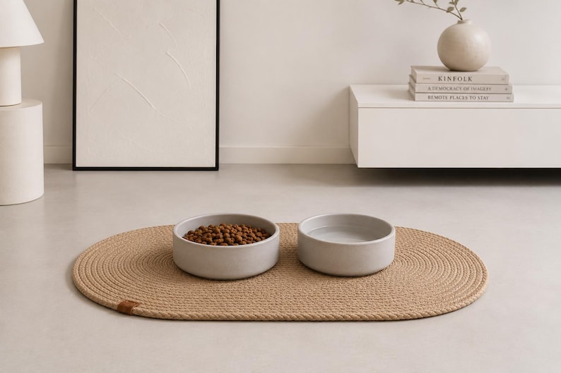 May include: Two light gray cylindrical pet bowls placed on an oval-shaped, tan braided rope mat. One bowl is filled with brown dry kibble, while the other bowl contains clear water. The mat features a small brown leather-like tag on the edge.