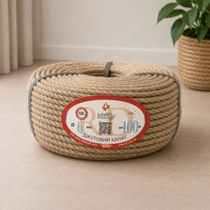 May include: A coiled spool of natural tan jute rope secured with grey bands. An oval label on the front displays the brand JuteRD, a QR code, and specifies a diameter of 6 mm and a length of 100 m. The rope has a thick, twisted texture.