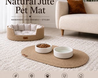 Jute Pet Feeding Mat, Dog Bowl Mat, Cat Food Placemat, Natural Handmade Feeding Rug, Pet Bowl Floor Protector