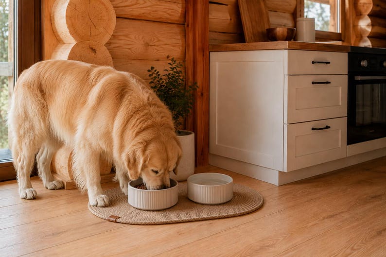 May include: A golden retriever eats from a white, cylindrical, ribbed ceramic bowl placed on a matching oval woven mat next to a second identical bowl filled with water. The bowls feature a vertical textured pattern and a clean, minimalist design.