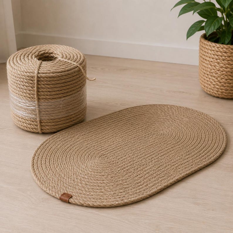 May include: A tan oval-shaped braided rope mat with a small brown leather tag on the edge, accompanied by a large cylindrical spool of matching thick tan rope and a matching rope-wrapped planter containing a green leafy plant.