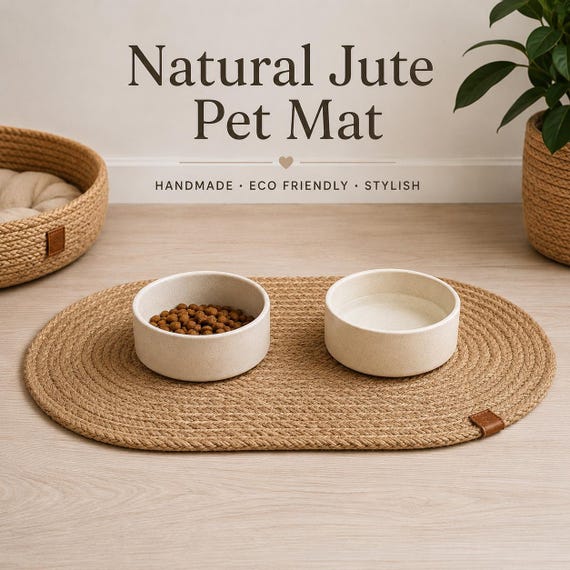 Jute Pet Feeding Mat, Dog Bowl Mat, Cat Food Placemat, Natural Handmade Feeding Rug, Pet Bowl Floor Protector