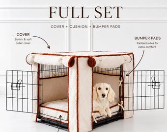 Benutzerdefinierte Bouclé-Hundeboxen-Bezugs-Set | Waschbar Zwinger Cover, Kissen & Stoßstangen