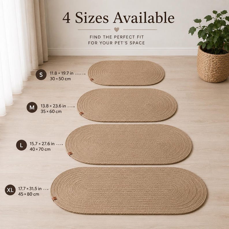 May include: Four oval-shaped tan braided rugs arranged in a vertical line, labeled with sizes S (11.8 x 19.7 in), M (13.8 x 23.6 in), L (15.7 x 27.6 in), and XL (17.7 x 31.5 in). The text 4 Sizes Available is displayed at the top.