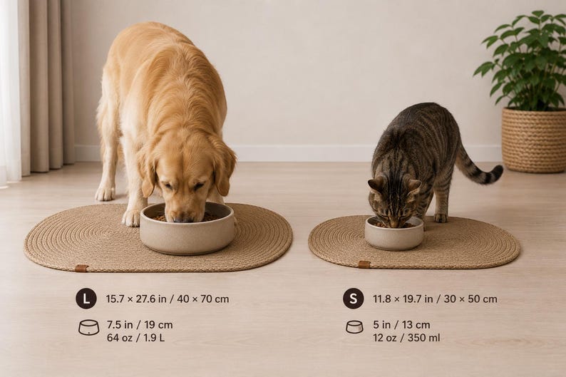 May include: Two beige ceramic pet bowls on oval woven mats. The large bowl is 7.5 inches wide, 64 ounces, on a 15.7 by 27.6 inch mat. The small bowl is 5 inches wide, 12 ounces, on an 11.8 by 19.7 inch mat. Both bowls have a smooth, matte finish.