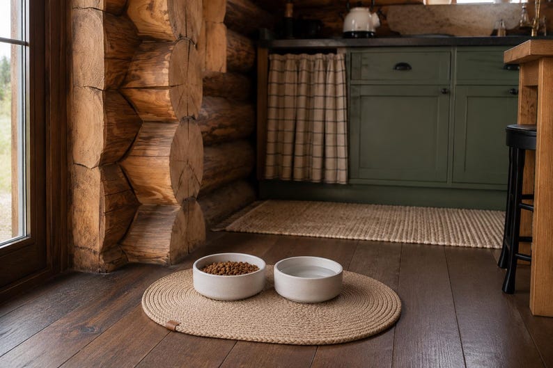May include: Two round, off-white ceramic bowls placed on a tan, oval-shaped woven rope mat. One bowl is filled with brown dry pet food kibble, while the other bowl contains clear water. The mat features a small brown leather-like brand tag.