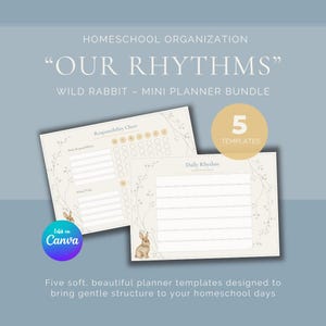 May include: A homeschool organisation mini planner bundle featuring five templates with a wild rabbit theme. The cream-coloured sheets include a responsibility chart and a daily rhythm planner with lined sections, floral accents, and a rabbit illustration.
