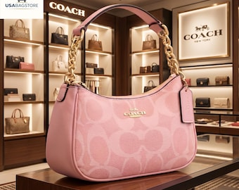 Pink Coach-Style Leather Shoulder Bag | Pink Leather Shoulder Bag | Gold Chain Strap | Everyday Purse