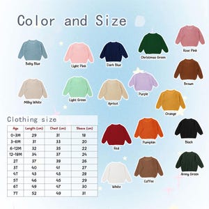 May include: A color chart displaying various long-sleeve sweaters in baby blue, light pink, dark blue, Christmas green, rose pink, milky white, light green, apricot, purple, brown, orange, red, pumpkin, black, white, coffee, and army green.