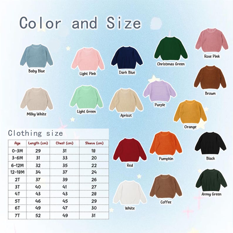 May include: A color chart displaying various long-sleeve sweaters in baby blue, light pink, dark blue, Christmas green, rose pink, milky white, light green, apricot, purple, brown, orange, red, pumpkin, black, white, coffee, and army green.