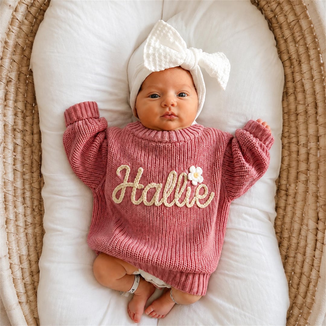Baby Name Sweater Personalized, Custom Embroidered Knit Sweater, Toddler Pullover, New Bab