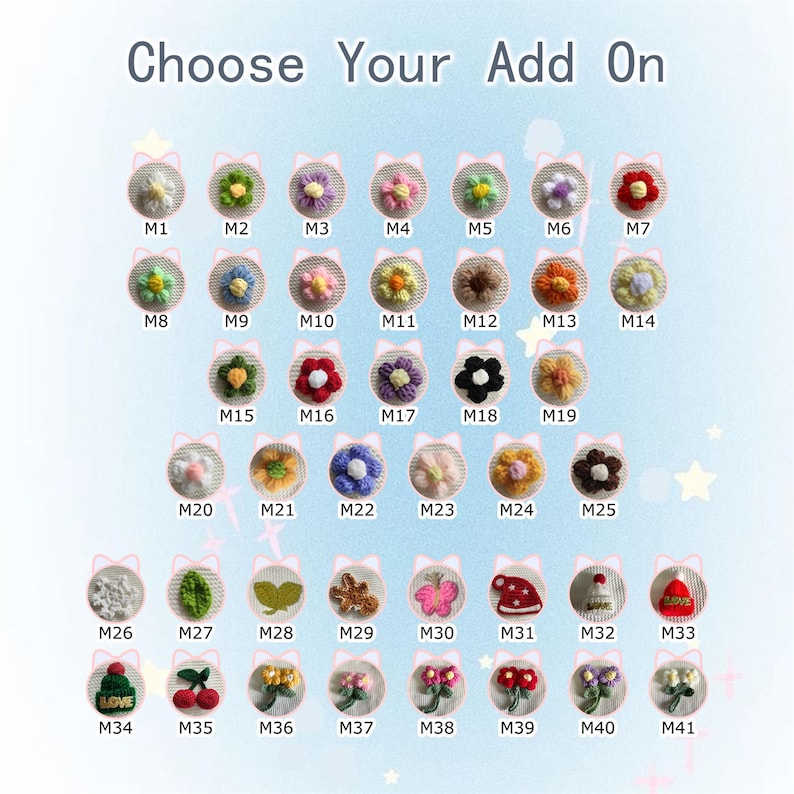 May include: A collection of forty-one small, crocheted appliques arranged in a grid, labeled M1 through M41. The designs include various colorful flowers, leaves, a snowflake, a gingerbread man, a butterfly, hats, and cherries, all on circular backgrounds.