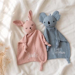 Personalized Bunny Muslin Lovey, Custom Embroidered Baby Security Blanket, Bunny Comforter, Baby Shower Gift, Newborn Keepsake