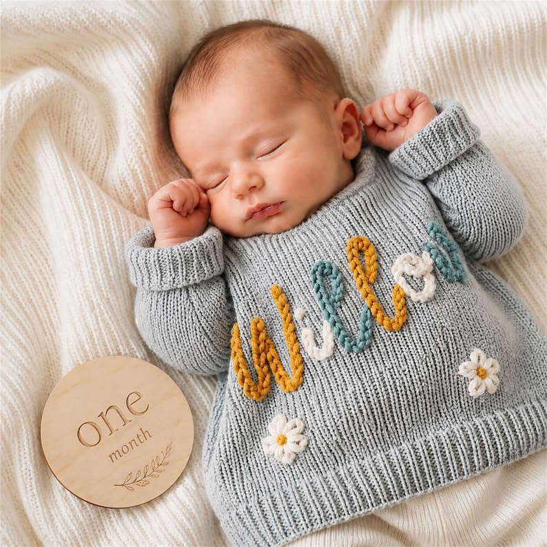 May include: A light blue long-sleeve knit sweater featuring the name Willow embroidered in mustard yellow, teal, and white yarn, accented with two white daisy appliques with yellow centers, alongside a round wooden disc engraved with one month.