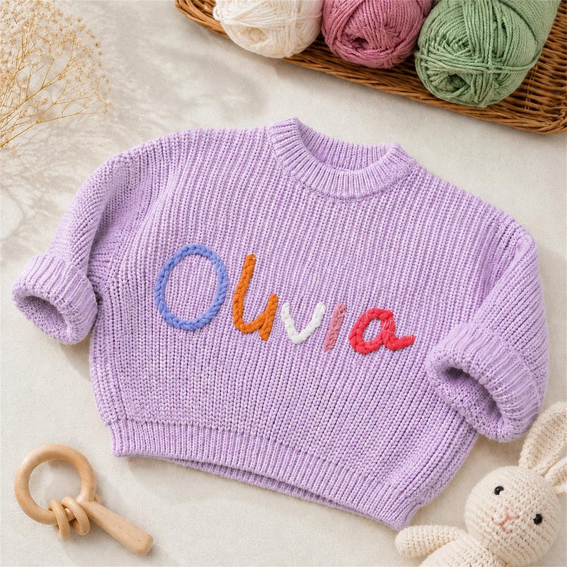 May include: A light purple long-sleeve knit sweater featuring the name Olivia embroidered across the chest in multi-colored yarn letters, including blue, orange, white, pink, and red, with a ribbed crew neckline and cuffed sleeves.
