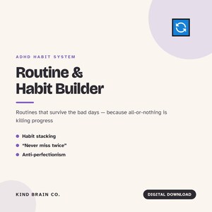 Könnte beinhalten: Ein digitales ADHD-Gewohnheitssystem mit dem Titel Routine & Habit Builder. Der Text lautet: Routines that survive the bad days — because all-or-nothing is killing progress. Funktionen sind Habit stacking, Never miss twice und Anti-perfectionism.