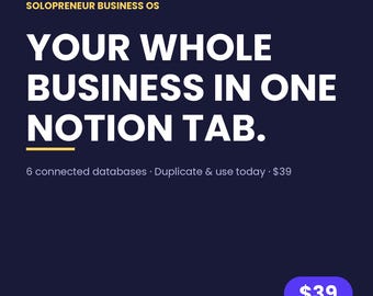 May include: A dark blue digital graphic with yellow accents featuring the text Solopreneur Business OS, Your Whole Business In One Notion Tab, 6 connected databases, Duplicate & use today, and the brand name MIM MakeItMobile makeitmobile.ca.