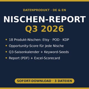 May include: A dark blue digital report titled NISCHEN-REPORT Q3 2026 with gold text. It lists 18 product niches for Etsy, POD, and KDP, an opportunity score, a Q3 seasonal calendar with keyword seeds, and includes a PDF report and Excel scorecard.