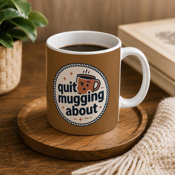 Brown Graphic Ceramic Mug | Retro Badge Design, Coffee Cup