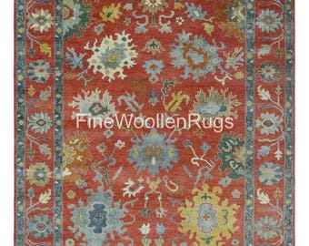 Hand-Knotted Wool Oriental Rug | Red Blue Floral Traditional Area Carpet
