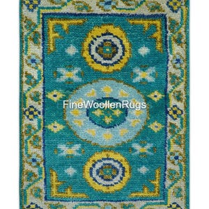 Turquoise and Yellow Wool Rug, Hand knotted Textured Boho Carpet, Traditional Medallion Small Area Rug, 4x7, 4x6