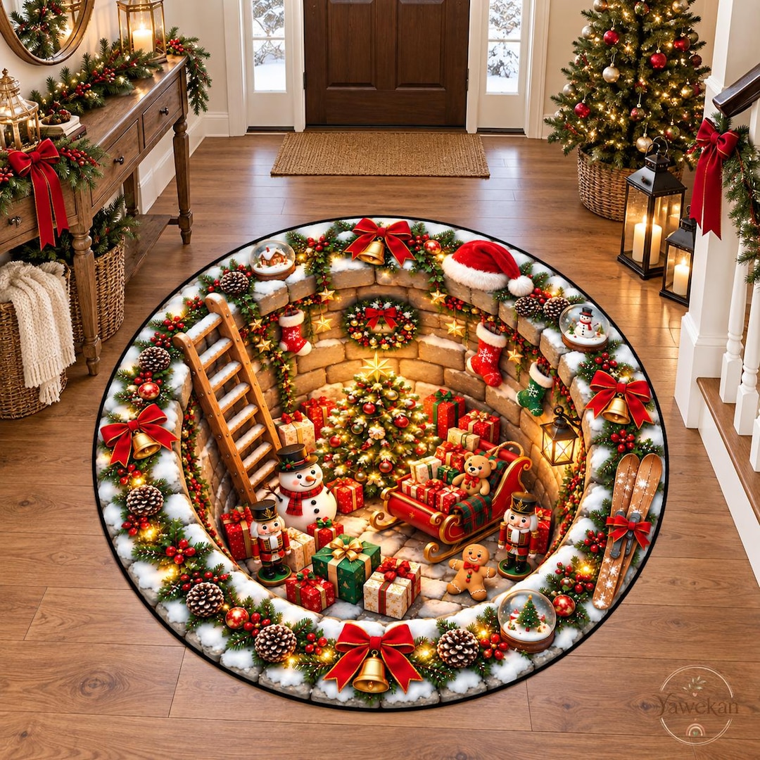Tree Design Tile Christmas Round Rug, Tree and Gift Filled Stone Cellar Optical Illusion ...