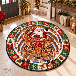 Santa and Reindeer Christmas Round Rug, Sleigh Optical Illusion Print, Red Green Patchwork Flannel Floor Mat, Festive Winter Entryway Decor