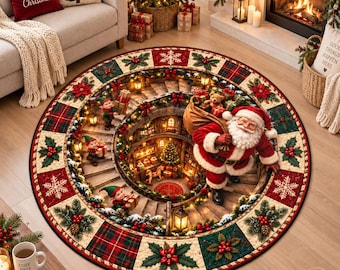 May include: A round area rug featuring a 3D-style spiral staircase design with Santa Claus carrying a sack of gifts, accompanied by elves. The border displays a pattern of red and green plaid squares, holly leaves, berries, and white snowflakes.
