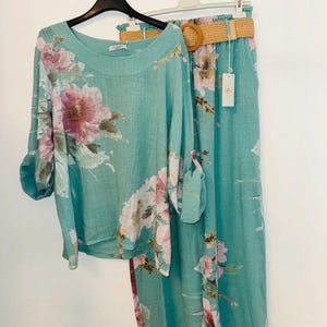 Turquoise Floral Cotton Co-Ord Set | Lightweight Summer Top & Wide Leg Trousers