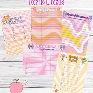 May include: A collection of colorful spelling packet templates for 12 words. The templates include "This Week's Spelling Words", "Spelling Homework", and "Spelling PreTest" sheets with various designs, including wavy lines and a retro flower graphic.