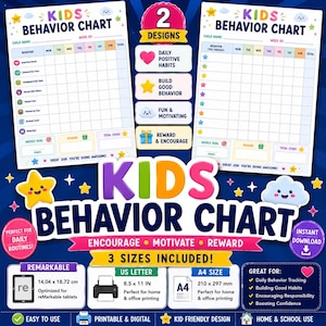 Puede incluir: Dos tablas de comportamiento para niños imprimibles con cuadrículas coloridas, iconos de estrellas y nubes, y secciones para hábitos diarios, metas semanales y recompensas, incluyendo texto sobre 2 diseños y 3 tamaños incluidos.