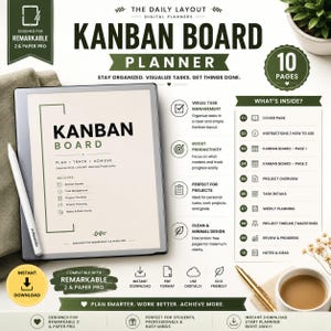 Peut inclure: Un planificateur numérique de type tableau Kanban pour tablettes Remarkable 2 et Paper Pro. Il comprend 10 pages incluant une couverture, des instructions, un suivi de projet, des détails de tâches, un planning hebdomadaire et des notes.