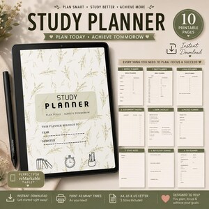 Könnte beinhalten: Ein digitaler Studienplaner auf einem Tablet-Bildschirm mit Eingabestift, mit botanischem Muster, einer Titelseite mit dem Text Study Planner und neun weiteren druckbaren Seitenvorlagen, darunter Wochen-, Tages- und Zielplaner.