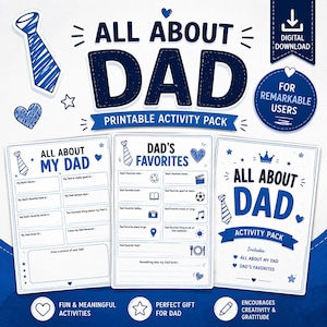 Può includere: Un pacchetto di attività stampabile digitale intitolato ALL ABOUT DAD con tre fogli bianchi con testo e grafica blu. I fogli includono sezioni da compilare ALL ABOUT MY DAD, DAD'S FAVORITES e una pagina di copertina con ACTIVITY PACK.