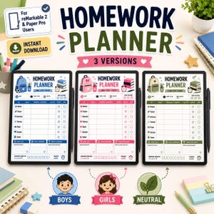 May include: A digital homework planner for reMarkable 2 and Paper Pro tablets, featuring three distinct color-coded versions in blue, pink, and green. Each layout includes a weekly schedule, goal tracking, and task lists with icons for boys, girls, and neutral themes.