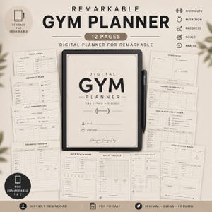 Op de afbeelding: Een digitale gymplanner voor Remarkable-tablets met 12 pagina's, inclusief fitnessdoelen, trainingsschema's, dagelijkse logs, voortgangstrackers, voedingsplannen, gewoonte-trackers en persoonlijke records. Zwarte tekst op een beige achtergrond.