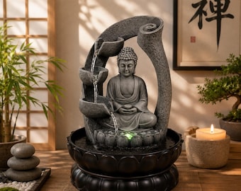Fuente de agua con forma de Buda Zen, decoración de mesa LED relajante, cascada de meditación para interiores, hogar y oficina Zen.