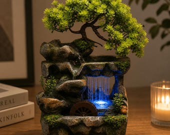 Zen Bonsai Tree Water Fountain, Relaxing Tabletop Decor, LED Light Ambiance
