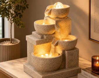 Tabletop Water Fountain, Zen Desk Decor, Relaxing Waterfall, LED Light Accent