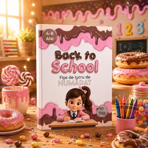 Pode incluir: Um livro de capa dura intitulado Back to School Fise de lucru de NUMARAT com uma ilustração de desenho animado de uma criança escrevendo em uma mesa. A capa tem um design de cobertura rosa e marrom, um rótulo 4-8 ANI e 40 Pag.