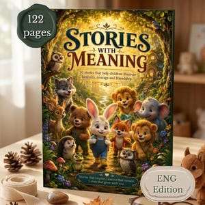 May include: A hardcover book titled Stories with Meaning featuring a colourful illustration of a rabbit, bear, lion, elephant, fox, owl, wolf, deer, hedgehog, and frog in a forest. The cover text reads 10 stories that help children discover kindness, courage and friendship and 122 pages.