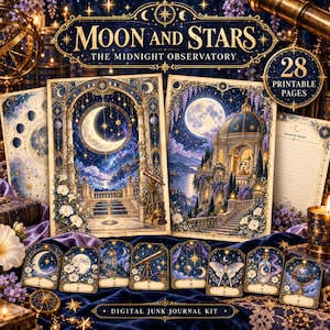 May include: A digital junk journal kit titled Moon and Stars The Midnight Observatory featuring 28 printable pages. The collection includes illustrated sheets of celestial observatories, crescent moons, telescopes, and moth motifs in deep blue and gold.