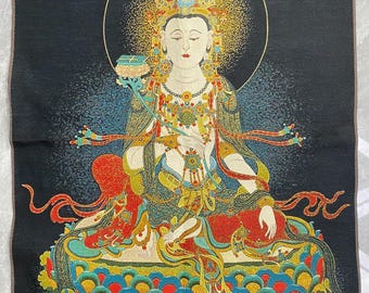 Schwarz Gold Brokat Manjushri Bodhisattva Thangka Tibetisch Weisheit Buddha Rollbild Arbeitszimmer Altar Intelligenz Segen Wandkunst