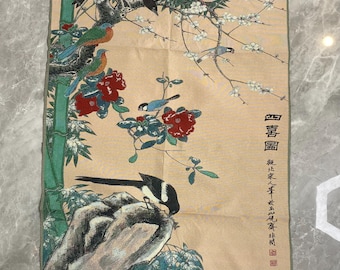 Tapiz asiático de seda sintética / Pintura tradicional china de aves / Póster de tela de urraca oriental / Lámina decorativa asiática para el hogar