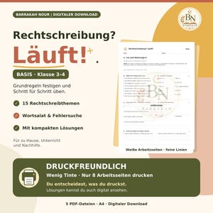 May include: A digital download educational worksheet for grades 3-4 titled Rechtschreibung? Läuft! featuring 15 spelling topics, word puzzles, and error detection exercises. The document includes compact solutions and is designed for ink-efficient printing.